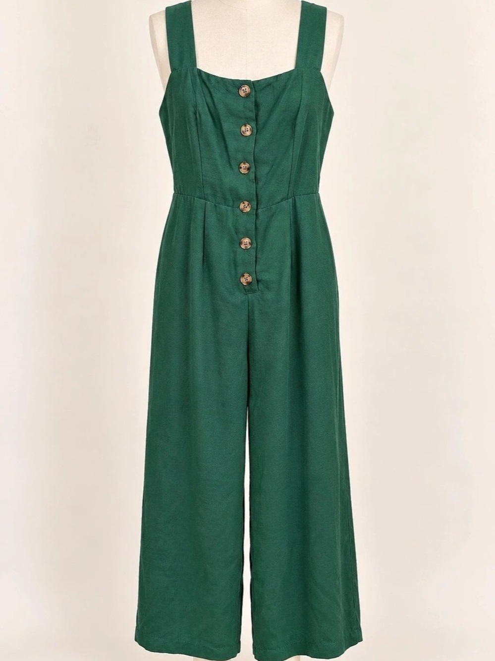 Blue Rain Green Button Front Wide Leg Cropped Jumpsuit Size L